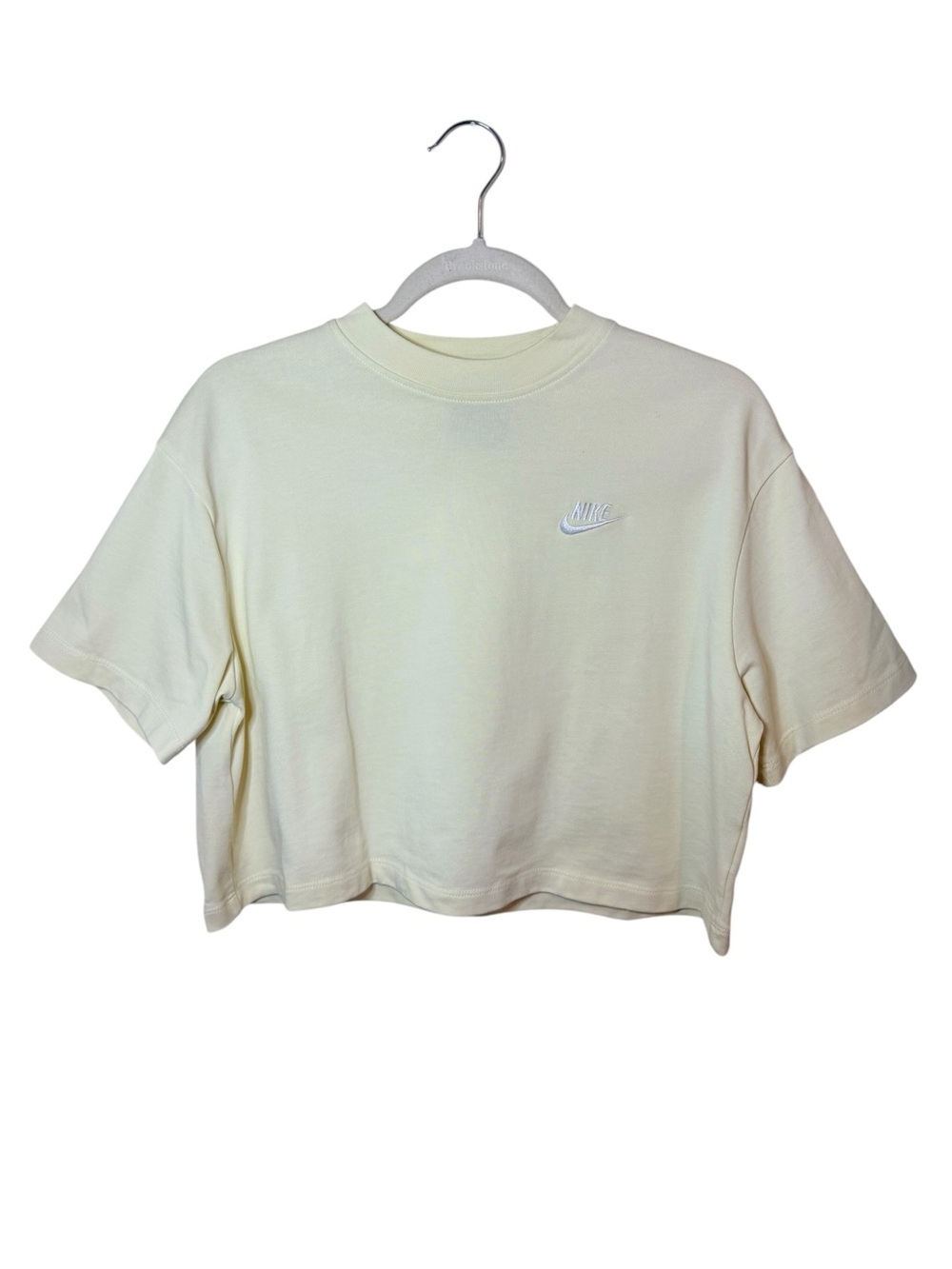 Nike Essential Cropped Tee Light Yellow Embroidered Logo Medium - Picture 2 of 9